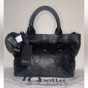 NEW! NWT IO PELLE Italy 3D Skull Leather Medium Tote Bag Black